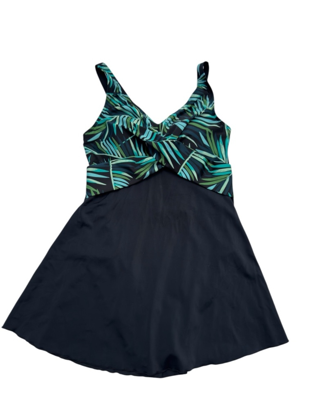 Septangle Tropical Palm Leaf Swim Dress Sz 10 Black Green Twist Front One Piece